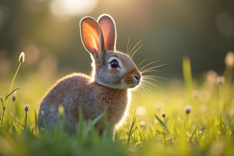 A rabbit sitting in tall grass during golden hour. The rabbit has large ears and a soft, brown fur coat. It looks sideway, with a gentle expression. The background is softly blurred, with warm sunlight illuminating the scene.