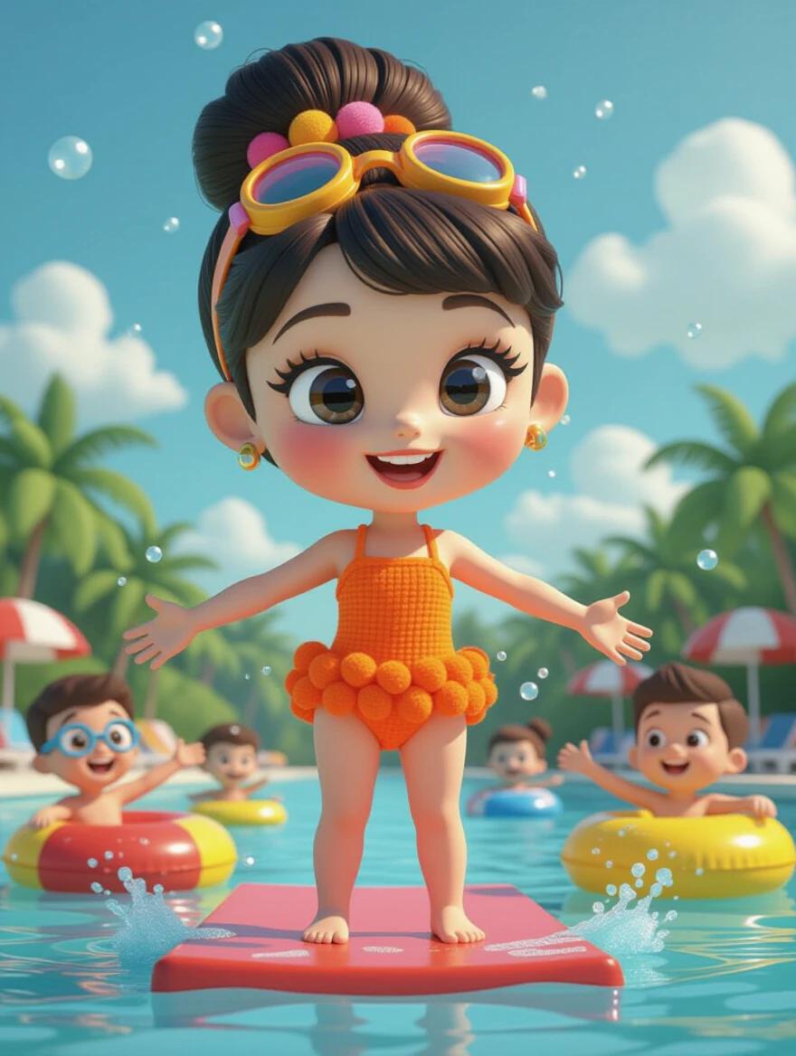 Adorable 3D character made from fluffy vibrant yarn pom poms. Bright orange swimsuit and colorful swim goggles. Standing on a diving board. Surrounded by splashing kids and inflatables. Vibrant style scene with detailed textures. Dynamic lighting. Inspired by expressive character designs and whimsical storytelling.