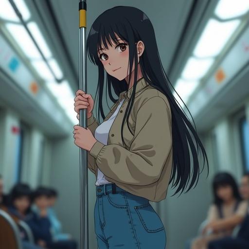 A young Japanese female in her twenties stands in a train. She has long hair framing her delicate features. The character is wearing loose blue jeans and a jacket. Her hands grip a metal bar for support. The background shows a blurred train car with passengers. Fluorescent lights cast a harsh glow on her face. The scene captures her determination and focus.