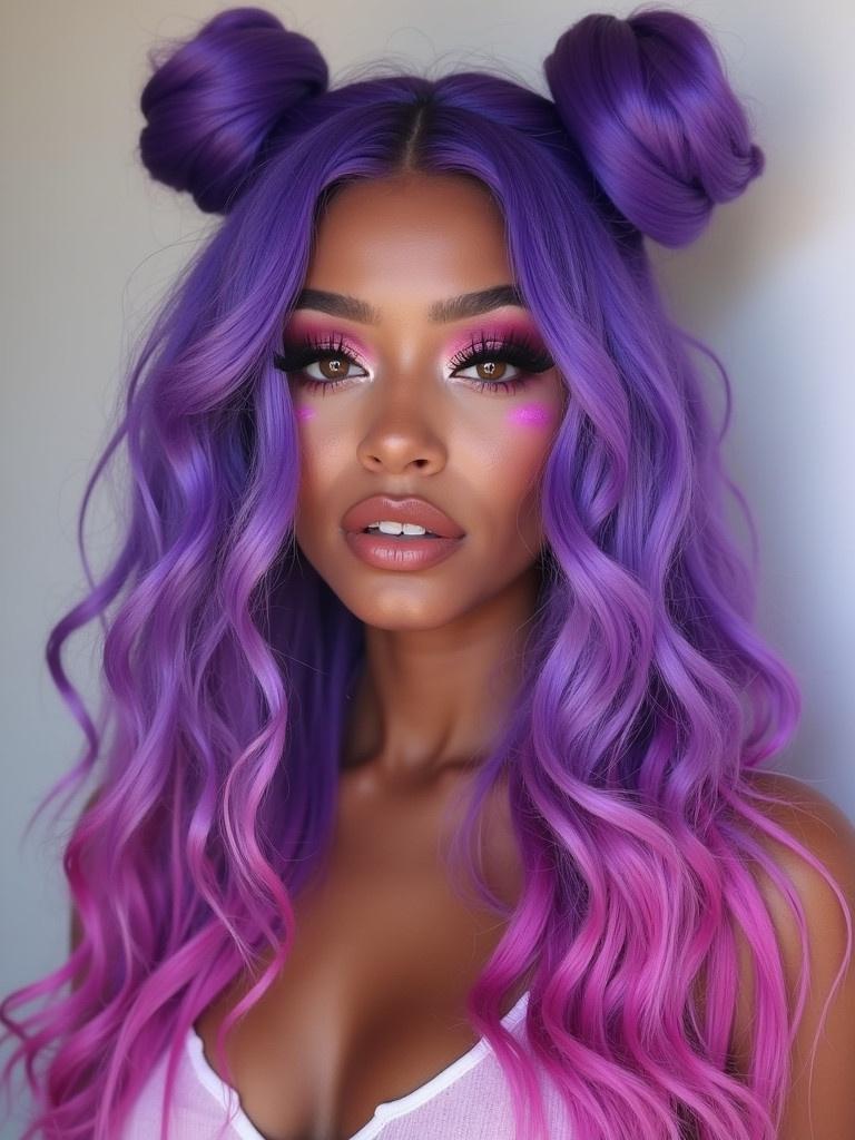 Samoan long wavy neon purple hair. Highlights in white and pink purple. Glam makeup and done nails. Long bun style with purple wavy hair.