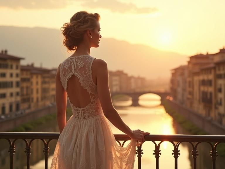 An Edwardian lady stands on a sunlit balcony overlooking the Arno River. A soft pastel sky fades into golden hills. A gentle breeze lifts her lace dress. The scene evokes romance, self‑discovery, and the promise of an open future.