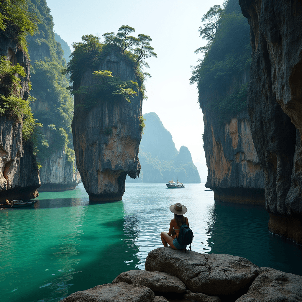 A woman sits on a rock, admiring towering rock formations and turquoise waters with boats nearby.