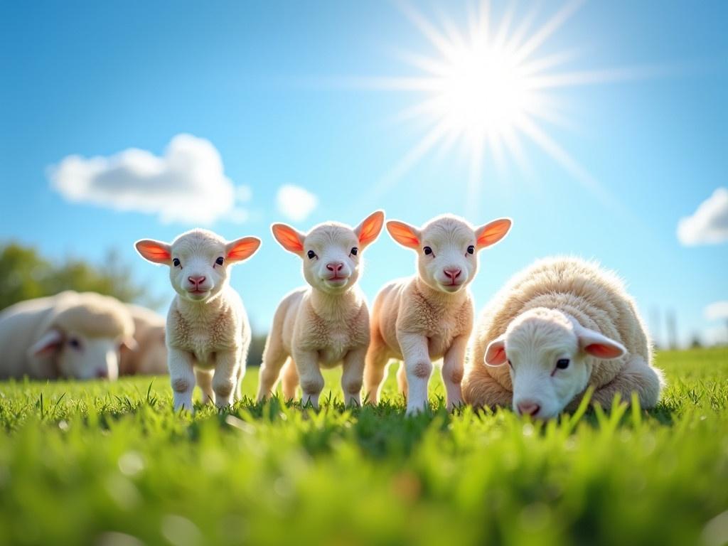 Curious lambs are looking at the camera in spring. They are grazing on lush green grass under a bright blue sky. The sun is shining, and a few fluffy clouds are scattered across the sky. Some of the lambs have their ears perked up, showcasing their innocence and curiosity. There is a gentle breeze, making the scene feel lively and refreshing. In the background, a larger sheep seems to be resting peacefully. This picturesque spring day offers a serene and playful atmosphere.