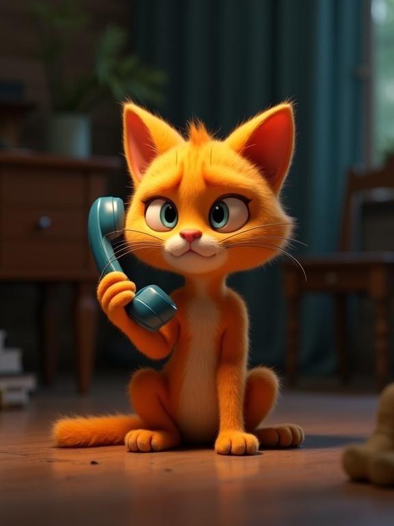 3D render of a cartoonish orange cat sitting on the floor. Cat holds a phone with an annoyed expression. The room is dark with soft light from the phone. Background is cluttered. Textures are realistic. Subject is centered.