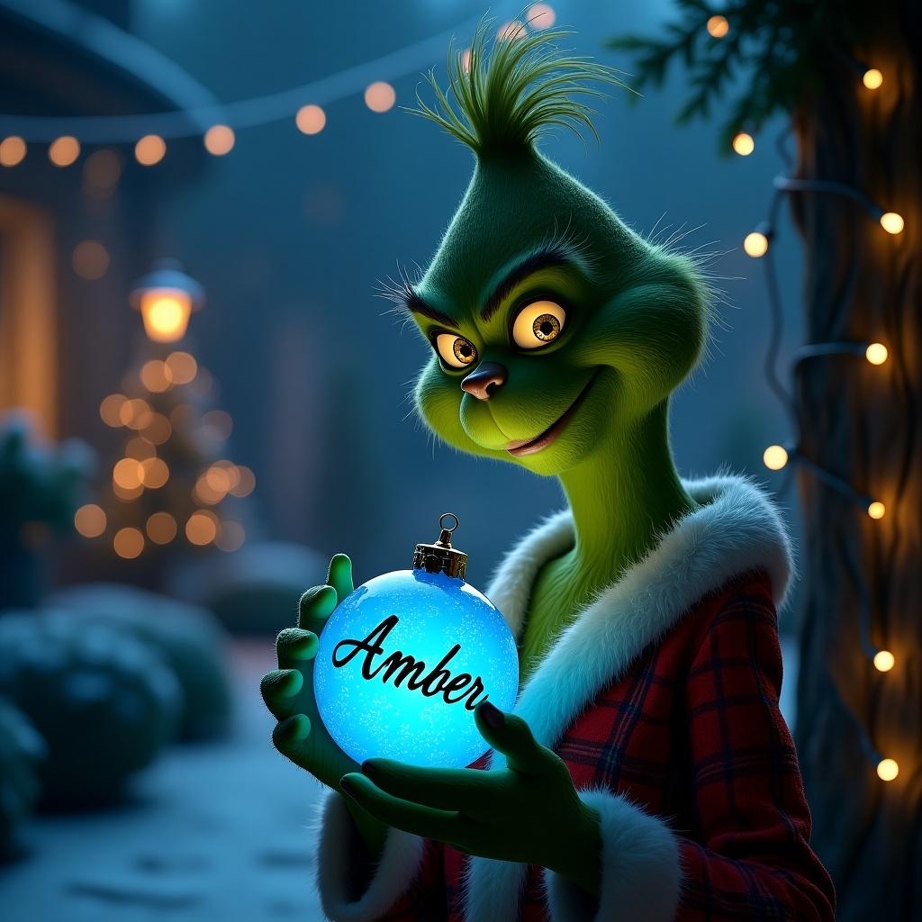 Night garden scene with The Grinch holding a glowing blue Christmas ornament. Name Amber written elegantly on the ornament. Twinkling Christmas lights are visible in the background.