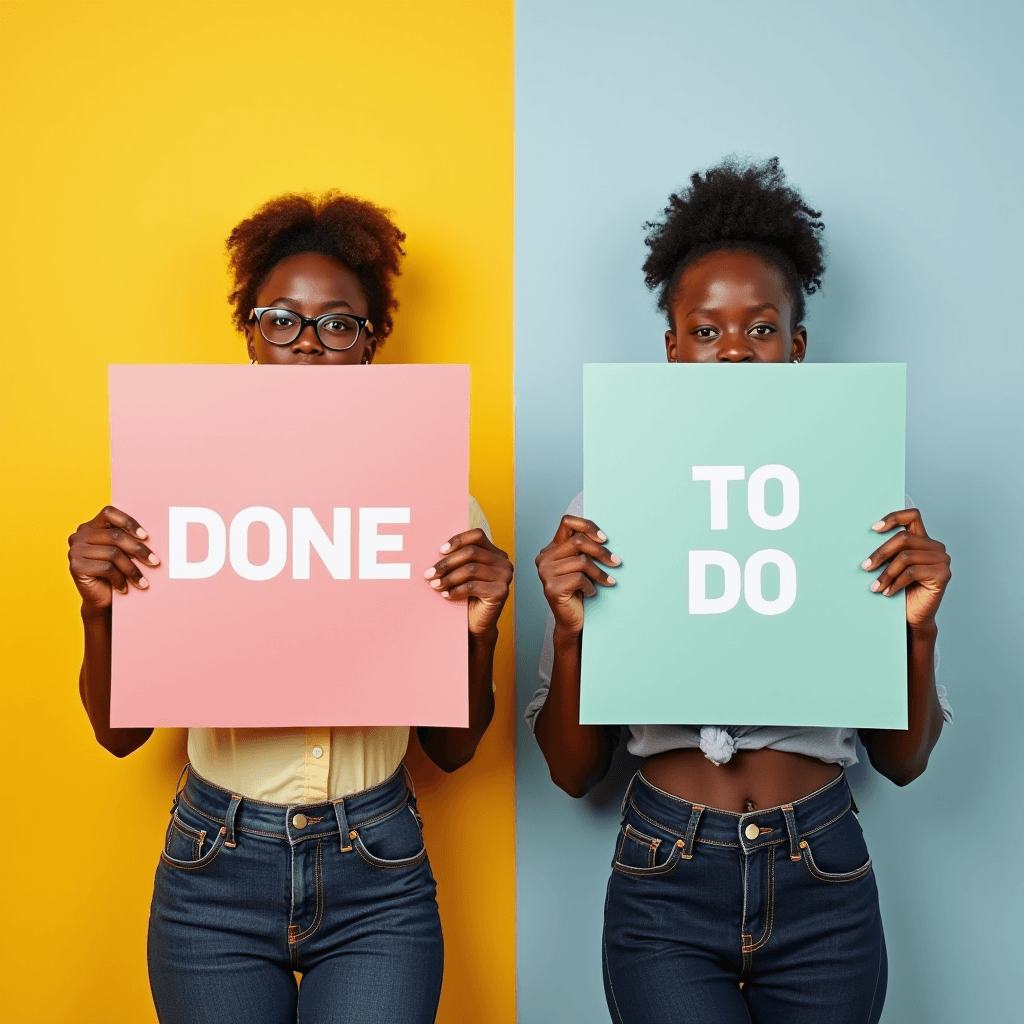 Two women hold contrasting signs, 'DONE' and 'TO DO', against vibrant yellow and blue backgrounds respectively.