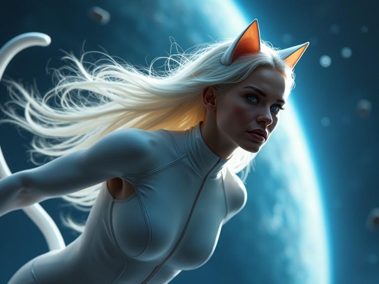 Photorealistic full body shot of a muscular woman flying through space. She has platinum blonde hair, cat ears, and a tail matching her hair. She wears a skintight futuristic bodysuit. She has sapphire blue eyes and beautiful dimples around her lips. The background features a cosmic scene.