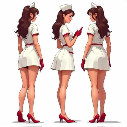 Comic concept art depicting a nurse character from different angles and poses. The nurse wears a flirty uniform and high heels. The style is vibrant and playful.