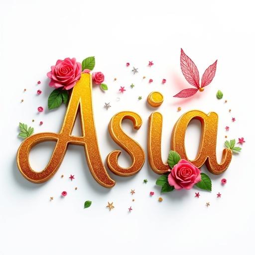 3D render of the name Asia in flowing calligraphic style. Shimmering gradient colors and floral patterns. Heart motifs embedded. Iridescent fairy wings around the name. Scattering of miniature red roses. Radiant stars surrounding. Whimsical arrangement on a clean white background. Soft studio lighting enhances details.