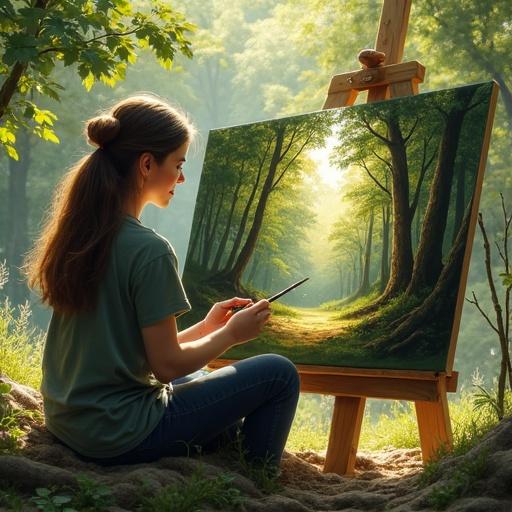 Person sits outdoors and paints a forest landscape on a canvas. Surrounded by trees with sunlight filtering through leaves. The atmosphere is peaceful and artistic. Brush strokes are detailed on the painting. Realistic style.