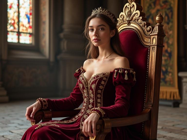 A beautiful princess with noble features and a delicate expression sits on a decorated throne in a grand 13th-century medieval castle hall. She wears a deep burgundy gown with golden embroidery and pearls. An elegant headpiece adorns her brown hair. The throne is made of carved wood with gold leaf and velvet cushions. The room is illuminated by sunlight through stained glass. Stone columns and aged tapestries add to the atmosphere. Majestic and historically realistic scene.