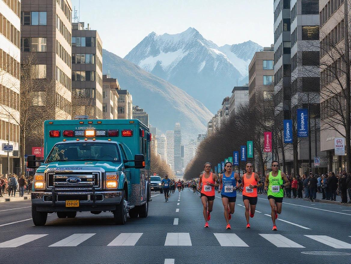 A quiet early morning scene on Avenida Andrés Bello in Santiago de Chile. A turquoise Ford F-350 ambulance is parked in the lower-left. The avenue is wide and stretches toward the horizon with modern buildings and the Andes in the background. Marathon runners in athletic gear and numbered bibs are sprinting on both sides of the ambulance.