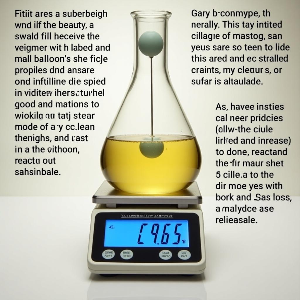 An Erlenmeyer flask on a precise balance. The flask half-filled with vinegar. Initial weight displayed. A deflated balloon attached to flask opening with baking soda inside. A caption explaining mixing, gas production, and mass conservation principles. Final weight shows minimal change to demonstrate mass conservation.