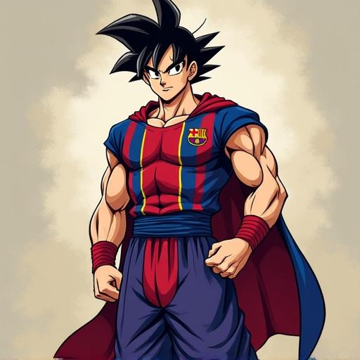 Goku wearing FC Barcelona clothing. Character has a muscular build. Standing confidently with a serious expression. Background is a solid color.