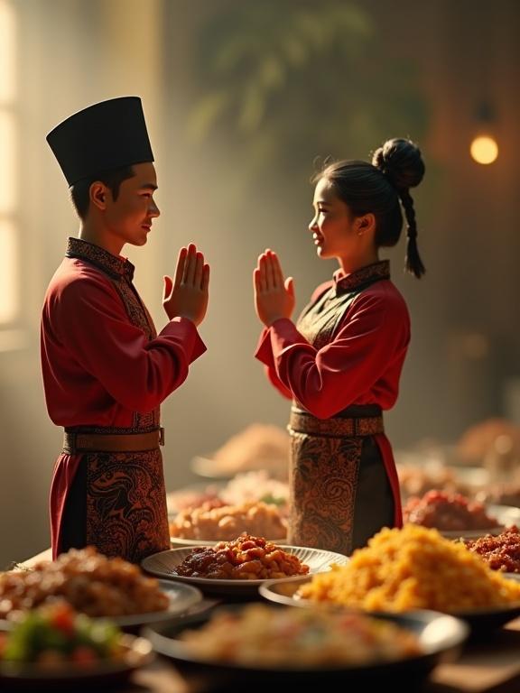 Ultra-realistic scene with miniature male and female waiters in traditional Minangkabau attire. They greet each other with hands at their chest. A table filled with giant Padang dishes is behind them. Food includes rendang, gulai, sambal, and dendeng balado. The food appears massive compared to the waiters. Warm lighting creates a rich cultural atmosphere.