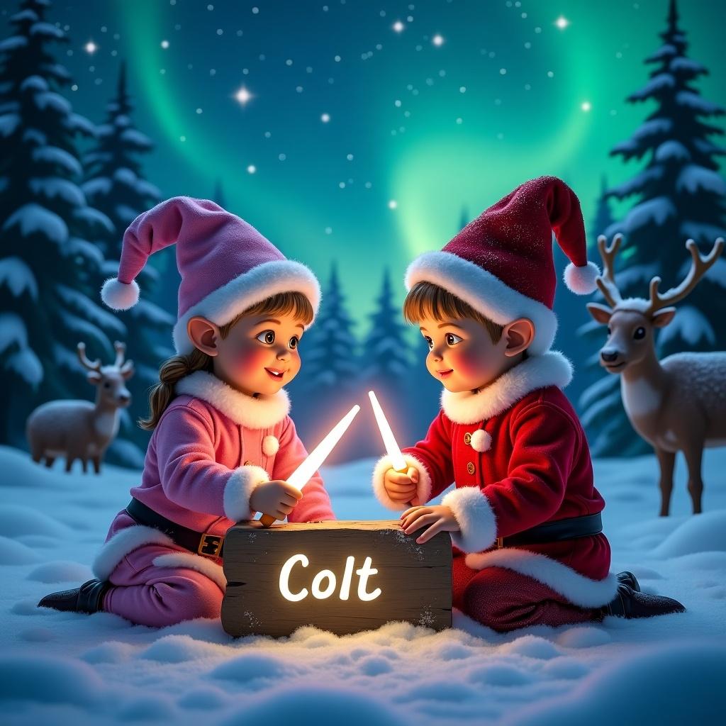 Two traditional elves sit in a snowy forest. Glowstick wands are used to write 'Colt' on a wooden sign. The night sky has stars and northern lights. The elves wear festive outfits. Snow-covered trees and a reindeer are in the background. One elf has a pink outfit and the other a red outfit.