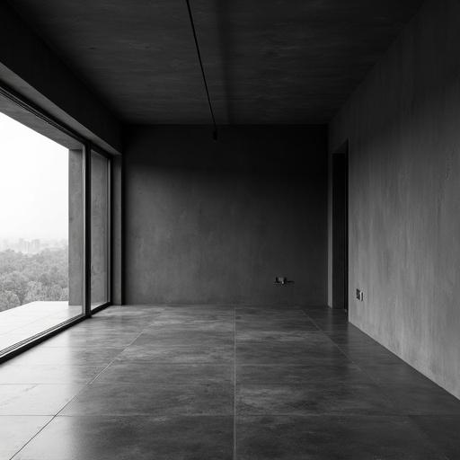 Interior view of a modern living room in a minimalistic villa. Dark gray color palette. Smooth concrete walls. Polished dark stone floors. No furniture. Clean lines create an open space. High ceilings. Large windows with soft natural light. Calm atmosphere.