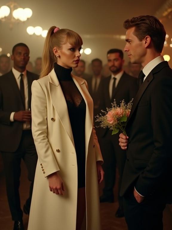 Couple at a nightclub party. Woman has long blonde twintails and big blue eyes. She wears a stylish long white overcoat closed at the front and a black crew neck sweater. Man in a suit holds a bouquet of flowers. Background has men dressed in suits. Full body shot for visual impact.