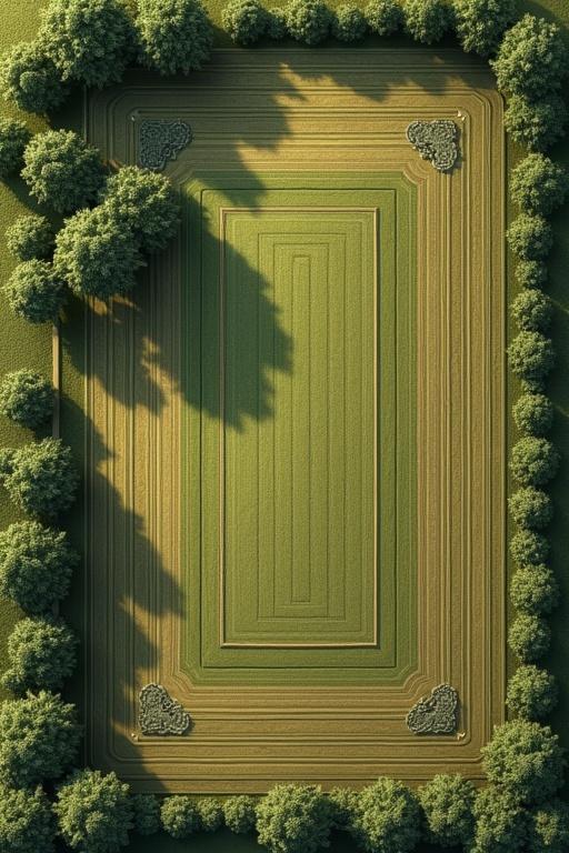 Aerial view of a 1000 square meter farm layout. Rectangular cultivation area surrounded by trees. Detailed design showing land use.