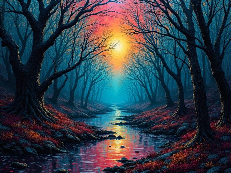 Ferrofluid-inspired forest scene with backlit glow. Dark trees line a glowing river. Used vibrant colors to create surreal effect. Featured intricate details. Created in style reminiscent of secassion artists.