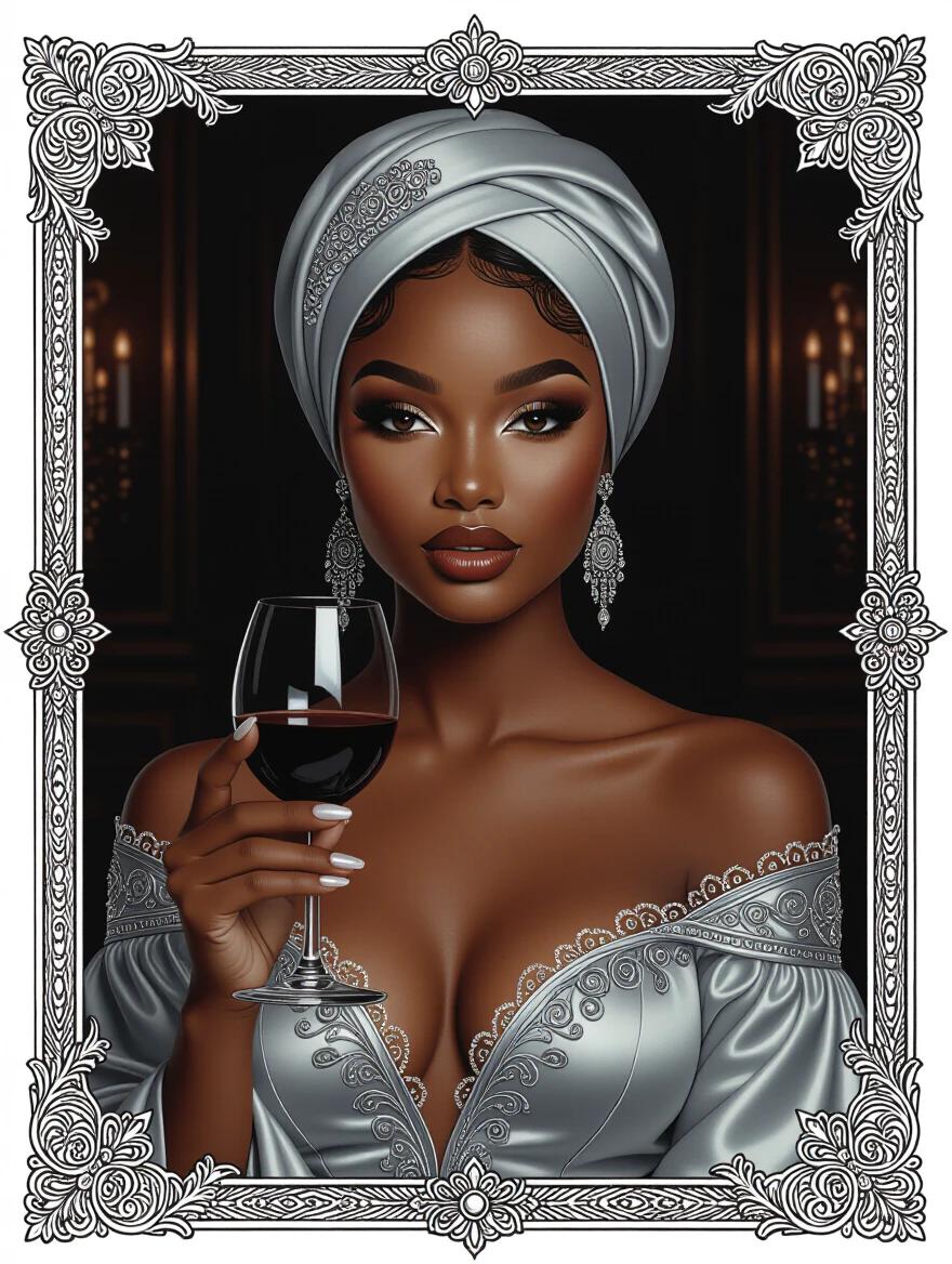 Oil portrait of a beautiful young woman. She wears a beautiful headscarf and ornate silver modern formalwear. A wine glass is held elegantly. The setting is a dim mansion room. The color scheme is silver. The tone conveys darkness and mystery. An art nouveau border surrounds the image.
