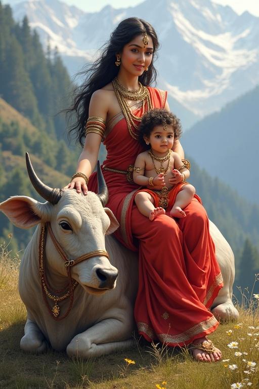 Mata Parvati in a red sari adorned with jewelry. Sitting on a Nandi bull with Lord Ganesha and Kartikeya as toddlers on her laps. Scenic Himalayan backdrop with natural elements. Highlights the concept of divine nurturing. Indian style representation.