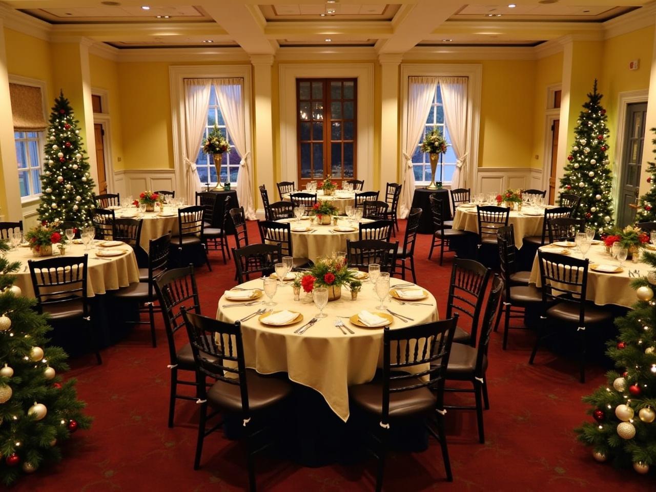 This image captures a beautifully decorated event space designed for a Christmas party. It exudes a warm and festive atmosphere, perfect for celebrations. Tables are elegantly set for dining, adorned with fine tableware and holiday centerpieces. The decor features Christmas-themed elements that enhance the seasonal charm. The inviting feel of the room makes it suitable for various gatherings, from festive dinners to larger holiday events.