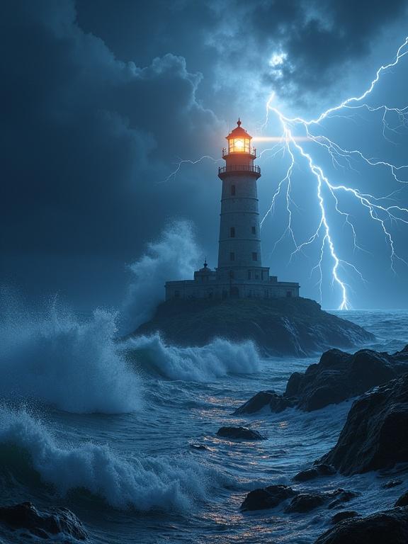 Epic lighthouse in a storm with lightning strikes and huge waves. Dark colors and vibrant lighting create a dramatic scene.
