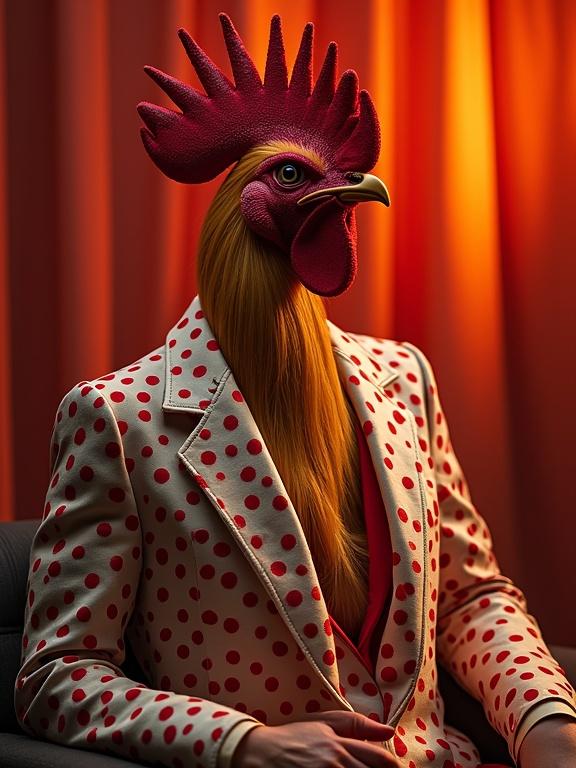 In a professional studio setting a rooster-headed figure in a polka dot suit sits. The vibrant polka dot fabric draws attention. Warm light creates a soft gradient in the background. Luxurious textures and patterns are highlighted. Intricate details are showcased throughout the image.