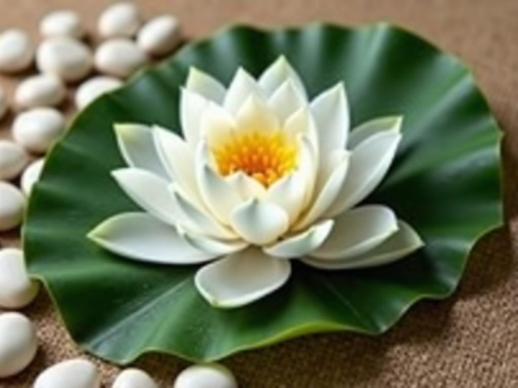 The image showcases a beautiful white lotus flower resting gracefully on a large green leaf. The lotus has several layers of petals, creating a stunning, intricate design. Its vibrant white color contrasts elegantly with the deep green of the leaf. The background consists of a light brown surface with round pebbles, enhancing the natural aesthetic of the composition. This scene evokes a sense of peace and tranquility, perfect for a spa or relaxation setting.