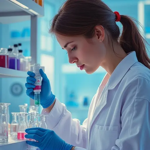 Woman conducts PCR experiment in a biology laboratory. Bright lab equipment. Various test tubes and chemical solutions on the table. The atmosphere is focused on scientific discovery.