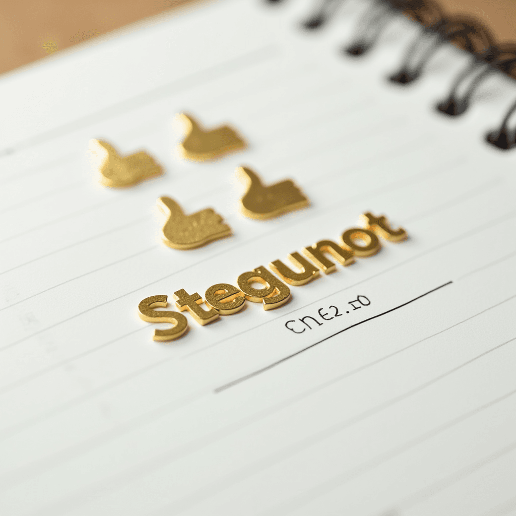 Four gold thumbs-up stickers and the word 'Stegunot' in gold are placed on a lined notebook page.