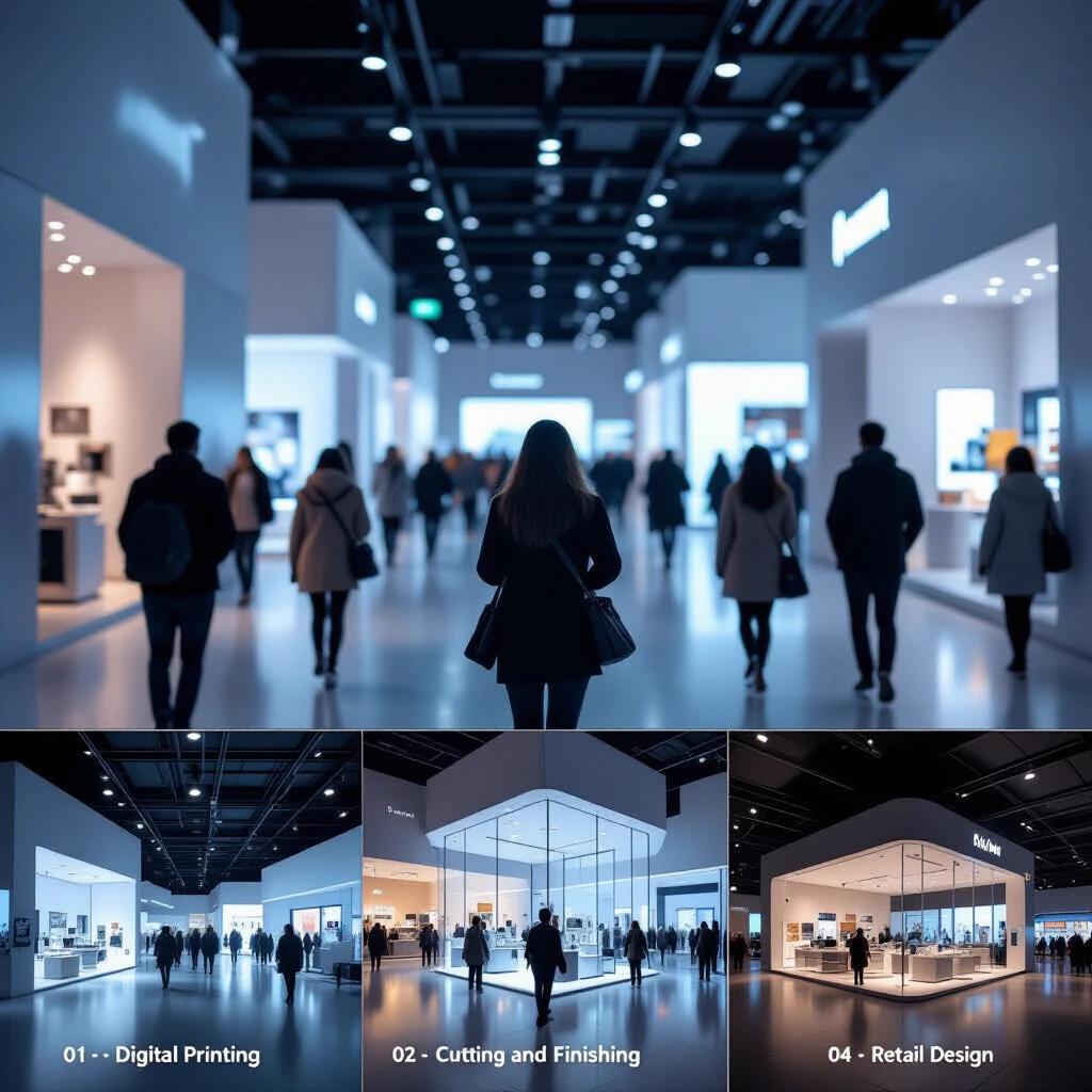 Modern exhibition hall with white lights and blurred people walking inside. Style looks like Fujifilm X-H2S. Multiple subjects represented including digital printing cutting finishing signage includes