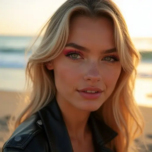 Close-up shot of a model's face featuring bold beach-inspired makeup. Background includes soft beach sand and gentle ocean waves. Image taken with a Fujifilm GFX 100S and an 80mm f/1.7 lens. Soft bounce light evenly illuminates the model's skin, enhancing vivid makeup colors. Captured at eye level with a slight head tilt for added dimension. High-resolution portrait at the beach during sunset. Natural light highlights features and creates soft shadows. Model has long blond hair, striking eyes, and a confident smile, wearing a black leather jacket against a serene ocean backdrop.