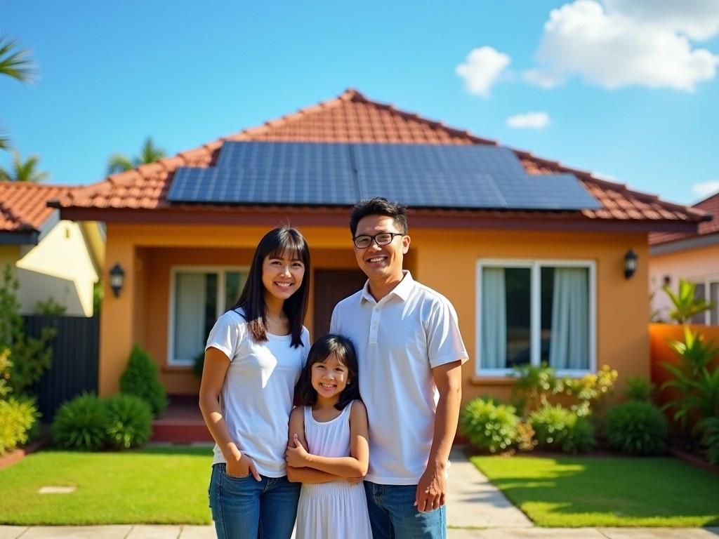 A Filipino family stands happily in front of their home featuring solar panels on the roof. The family consists of a mother, father, and their daughter. They all wear casual white shirts and have joyful expressions. The house is brightly colored with an orange exterior and has lush green plants surrounding it. The sunny skies create a cheerful atmosphere, emphasizing their eco-friendly lifestyle. This image represents family values, sustainability, and the importance of home.