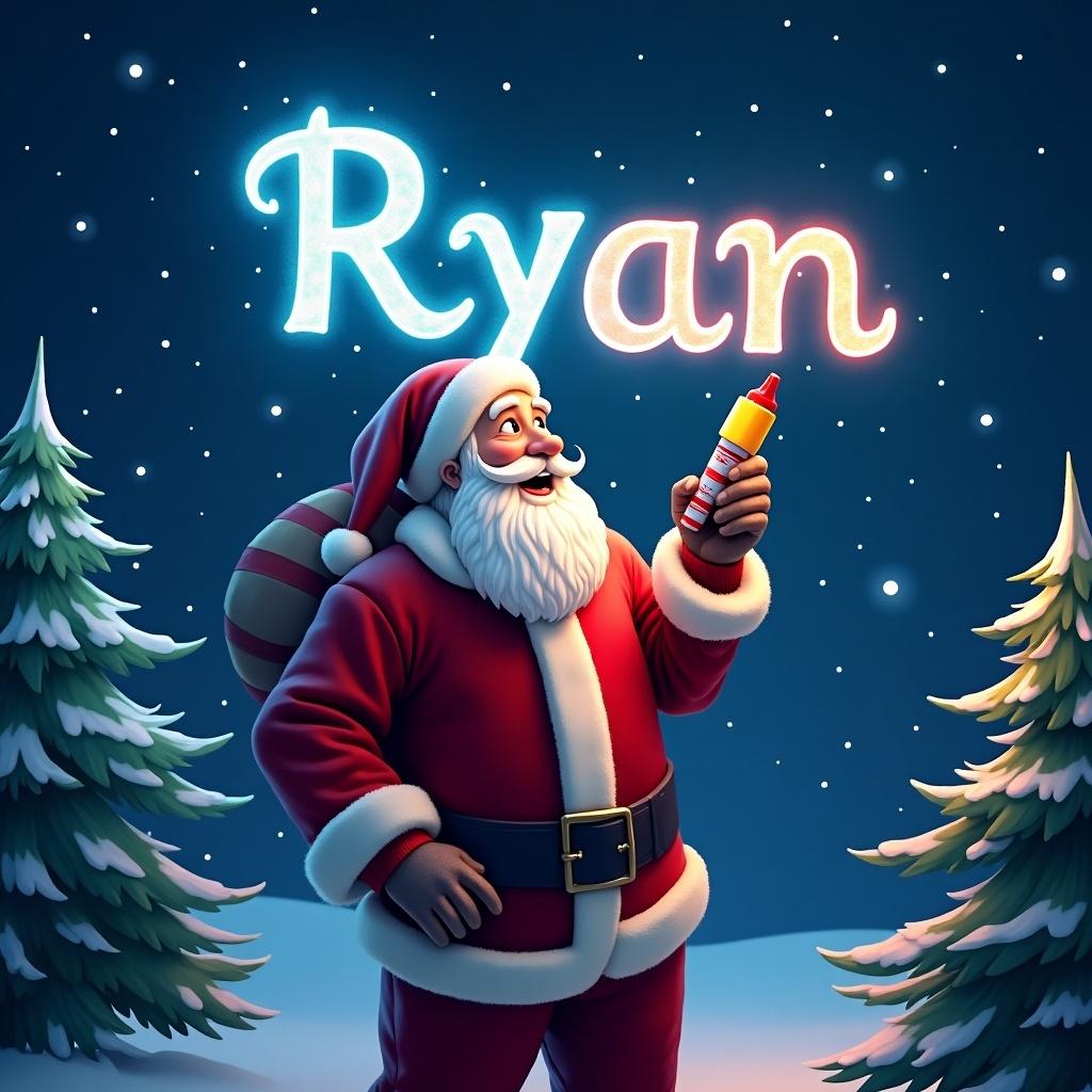 Christmas scene featuring Santa Claus. Santa is joyfully writing the name 'Ryan' in the night sky with a colorful glow pen. He looks happy. Background has soft winter colors and twinkling stars. Text is illuminated with vibrant glow. Pine trees frame the scene.