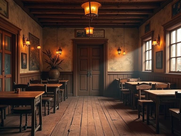 An illustration of an old west saloon. Features a closed door in the middle. Everything appears to be from around 1900. The style is not photorealistic but fantastical.