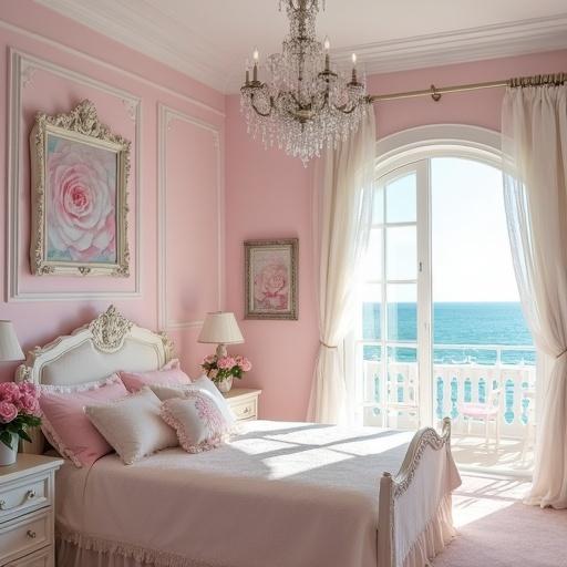A shabby chic bedroom designed in light pink and white with cream accents. Features a crystal chandelier and light pink roses on nightstand. A pink rose painting hangs on the wall in a white rococo style frame. Light aqua accents complement the decor. A beach view is visible through the window.