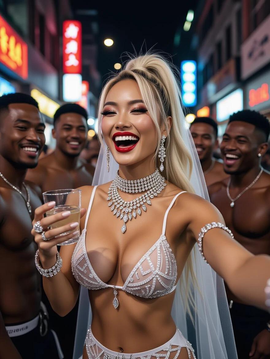 Stunning Asian model styled in an edgy wedding bikini on a lively neon-lit street. Model has a high blonde ponytail and is adorned with heavy crystal jewelry. She wears a veil and bright makeup. The atmosphere is charged with excitement as she laughs taking a selfie while enjoying a vodka drink surrounded by a group of muscular friends.