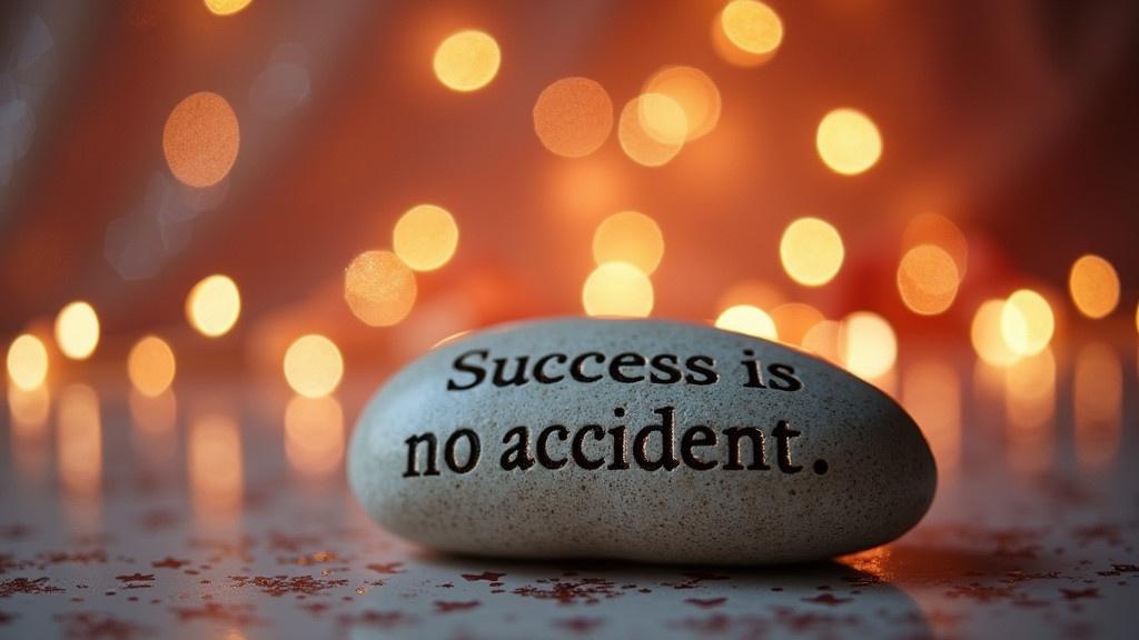 Smooth stone in the foreground has the words Success is no accident carved into it. Background has sparkling glittery texture. Soft bokeh lights sparkle in various colors creating a romantic feel. The composition captures a heartwarming message.