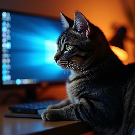 The cat sits in front of a computer monitor. The monitor displays a file explorer. There is a large inscription f1zik. The environment has a warm glow.