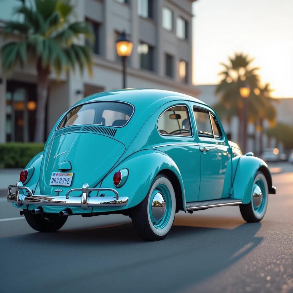 Ultra realistic photograph of a turquoise 1951 Volkswagen Beetle. Captured at golden hour in an urban setting. Low-angle view showcasing rear and side profile. Features split rear window and jet-black tires. Shallow depth of field with creamy bokeh background. No humans present. Vintage car magazine style with hyperrealistic textures.