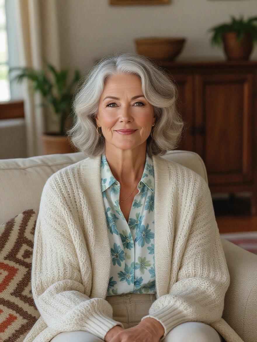 Friendly older woman with gray curly hair. She has warm eyes and a wise expression. She wears a cream cardigan over a floral blouse. Loose earth-toned linen pants and loafers. Seated in a cozy living room with beige armchair, wooden cabinet, and houseplants. The room has earthy decor and a patterned rug.