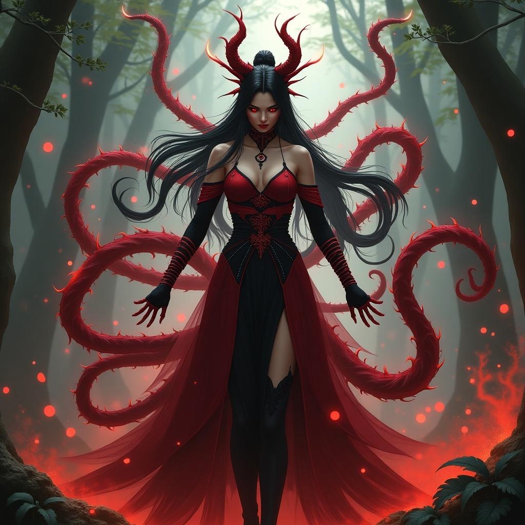 Central figure showcases elegant poise. Nine flowing tails swirl around her. Features are fierce. Dark atmosphere complements character.