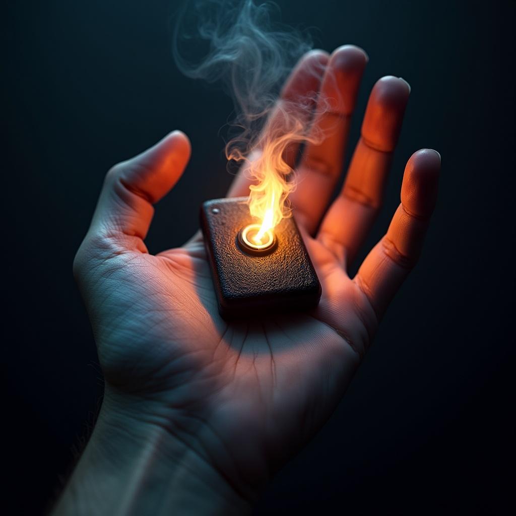 Image shows a damaged power bank emitting flames in a human hand.