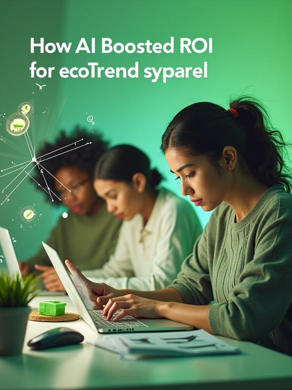 A modern digital marketing success story. Young diverse millennials browsing sustainable fashion on devices. Green-tinged workspace with earthy tones. Overlay of AI elements like data graphs and ad icons. Headline shows How AI Boosted ROI for EcoTrend Apparel.