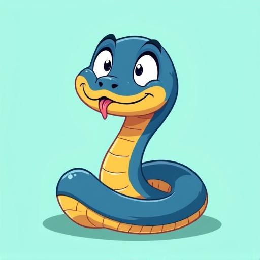 A playful cartoon python snake mascot for Python programming. Head in blue and body in yellow. Goofy expression with crossed eyes and a lopsided smile. Slightly sticking out tongue. Coiled in a loop with bright solid colors. Light turquoise background.