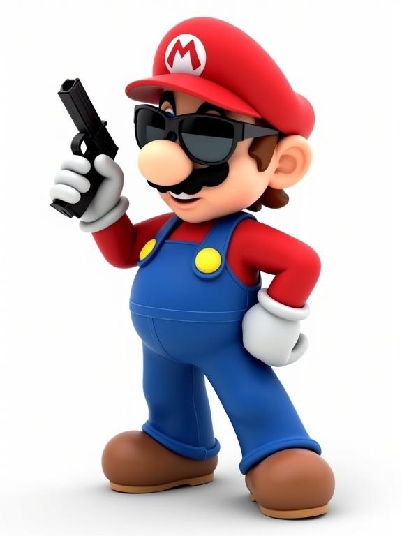 Live-action image of animated character standing still. Character holding a black gun pointed downward. Wearing mirrored aviator sunglasses. Background is plain white. Character not looking forward, slightly gazing to the side.