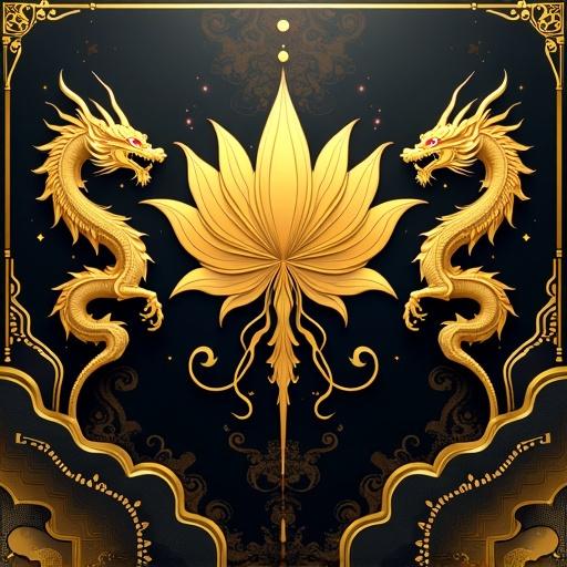 Futuristic anime art with a focus on light gold and onyx black. Features a golden lotus flower prominently in the center. Two mantis dragons are on either side. The bottom of the composition displays a banner that conveys the concept of a new Kanji kingdom democracy.