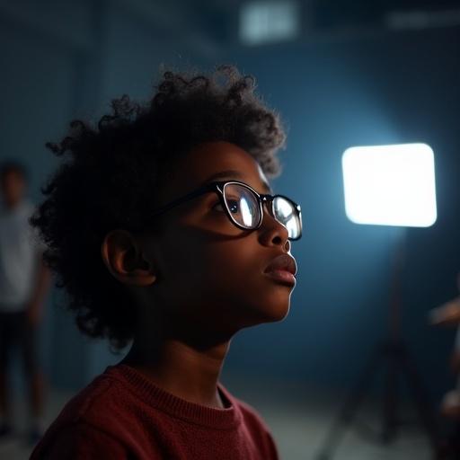 A young black darkskin boy watches a film studio set. He has curly hair wearing glasses. Dimmed lights create a cinematic atmosphere.